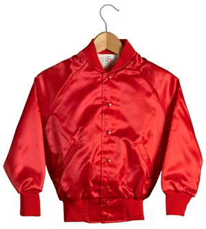 White Satin Baseball Jacket with Red Pockets and Knit Lines