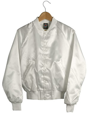 White Satin Baseball Jacket with Red Pockets and Knit Lines