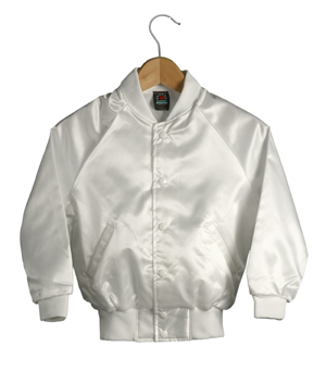 White Satin Baseball Jacket with Red Pockets and Knit Lines